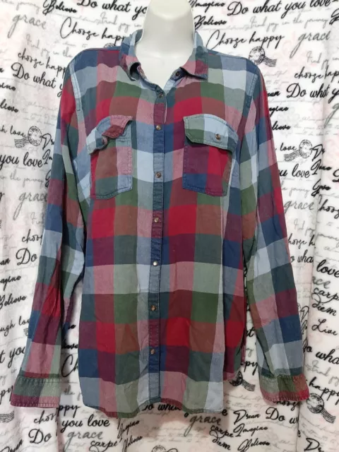 MAURICES FLANNEL SHIRT Womens Sz XL Red Blue Plaid Long Sleeve Button ...