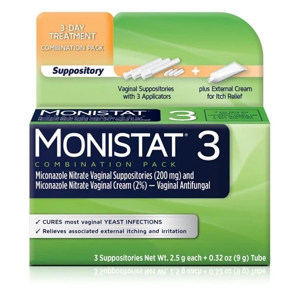 Tratamiento de infección por levaduras MONISTAT 3 dosis, 3 insertos supositorios y picazón externa