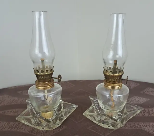 Pair of Vintage 3-piece Clear Glass Oil Lamps with Star Shaped Base