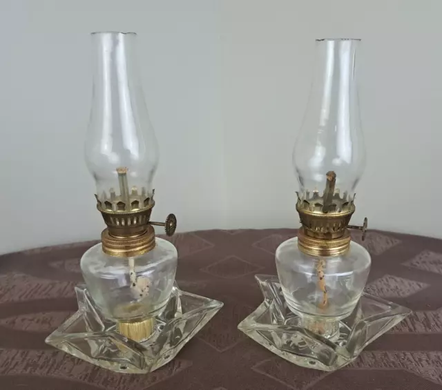 Pair of Vintage 3-piece Clear Glass Oil Lamps with Star Shaped Base