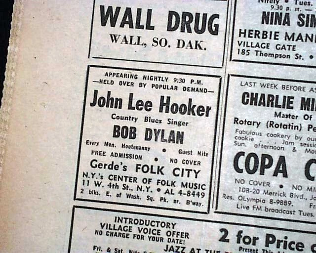 Best BOB DYLAN Very 1st Public Gig RARE 1961 Greenwich Village Voice Newspaper