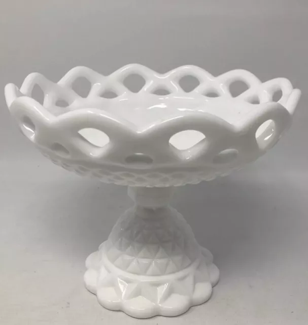 Vintage Imperial Footed Pedestal Milk Glass Compote Lace Edge Diamond Point