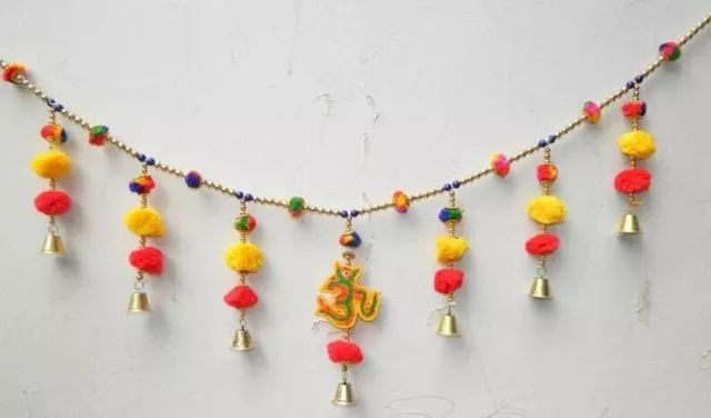 Indian Handmade om wall hanging Bandhanwar With Pompom bell For Decoration