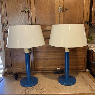2 Vtg BLUE LIGHTOLIER TABLE LAMP by Gerald Thurston 22.5”.  MCM PAIR   VERY NICE