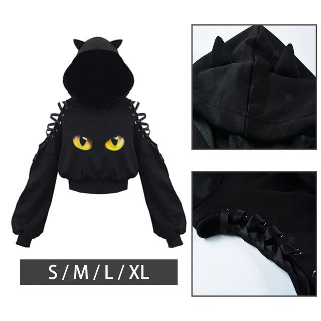 Women's Cat Ear Hoodie, Long Sleeve Pullover Cat Cropped Hoodies Loose Hooded