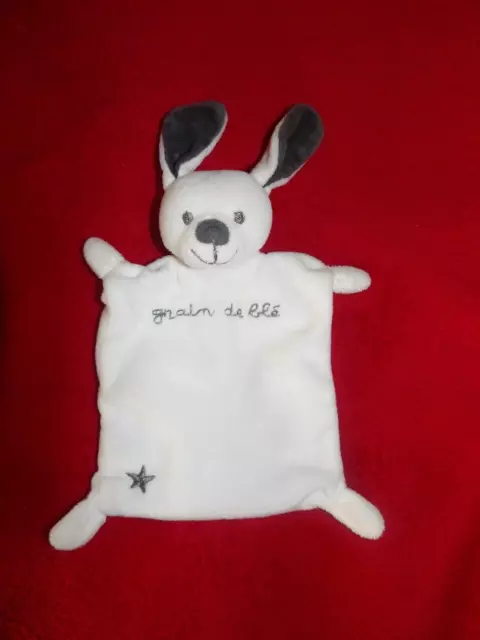 Doudou Plat Lapin  Blanc  Intérieur Oreille Gris Grain de Blé Zannier Etat Neuf