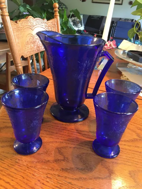 Vintage Colbalt Blue Pitcher and 4 glasses 1940s