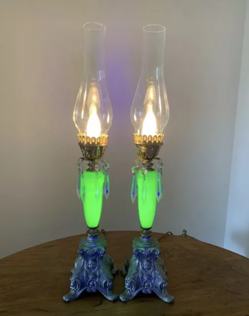 PAIR ANTIQUE VASELINE URANIUM GLASS LAMPS w CUPIDS and CRYSTALS   Ultra rare!!