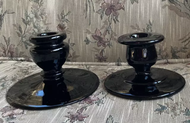 2 Glass Black Amethyst Candlestick Candle Holders Pressed Art Deco Purple Black