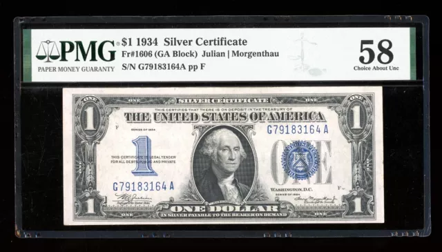 DBR 1934 $1 Silver Funnyback Fr. 1606 GA Block PMG 58 Serial G79183164A