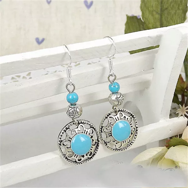 Vintage Elegant Ethnic Silver Multi-color Turquoise Beads Women Hook Earrings