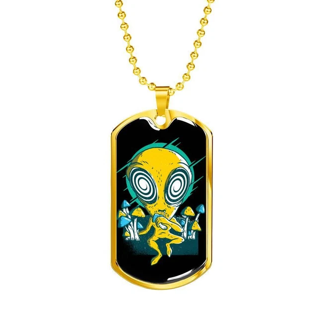 Alien UFO Fan Gift Alien Psychedelic Necklace Stainless Steel or 18k Gold Dog Ta