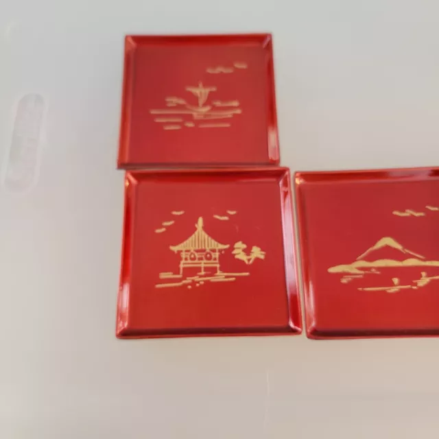 Set of 4 Red Asian Style Coasters with Box Unmarked See Pictures and Details 2