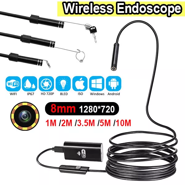 HD Waterproof Wifi Endoscope For iPhone Android Borescope Inspection 8LED Camera