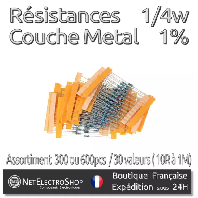 Résistances - Couche Métal - 1/4W - 1% - Lot de 300 ou 600pcs / 30 valeurs