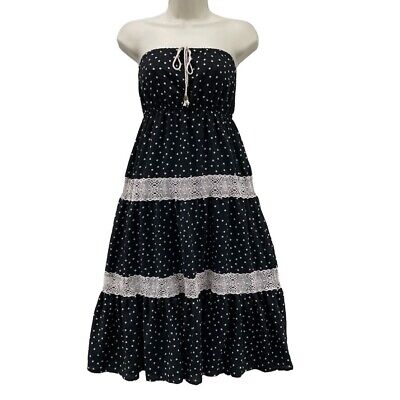 New York & Company Strapless Dress Women Medium Black Cream Polka Dot Lined Lace