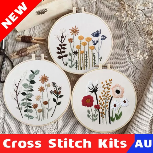 DIY Flowers Pattern Embroidery Kits Craft Beginner Needlepoint Hoop Cross Stitch