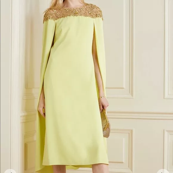 $1095 New Marchesa Notte Cape Effect Embellished Tulle Mesh Midi Dress Yellow  4