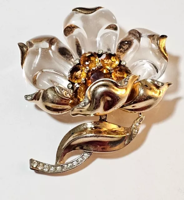 Rare Alfred Era Trifari Sterling Jelly Lucite Flower Brooch Pin Amber Glass 40s