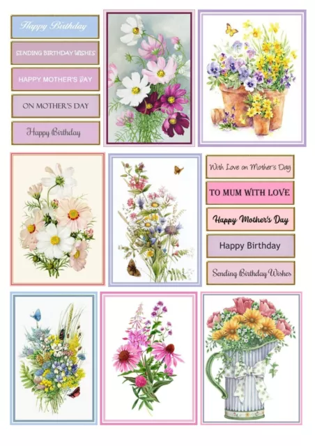 Mixed Floral Card Toppers For Birthday & Mothers Day X 7 & 10 Mixed Sentiments