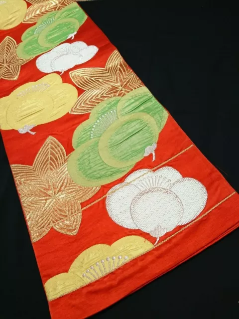 Woman, Japanese kimono, Vintage, Fukuro-obi, Silk, Red, Flower.