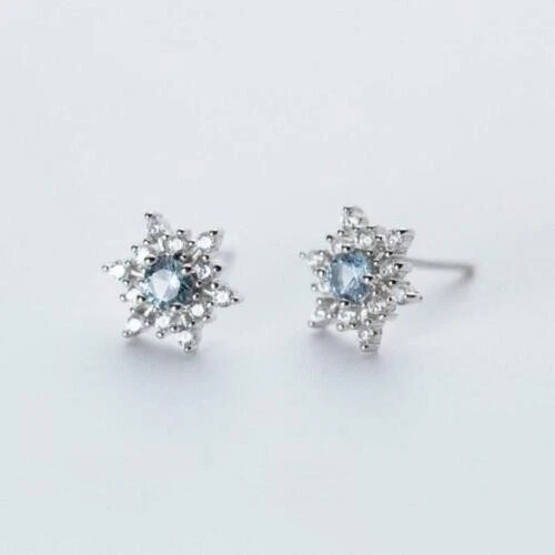 Round Lab-Created Aquamarine Snowflake Halo Stud Earrings 14K White Gold Plated