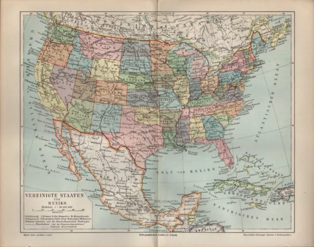 Landkarte map 1897: VEREINIGTE STAATEN U MEXIKO. Maßstab. 1 : 20.000 000 Mexico