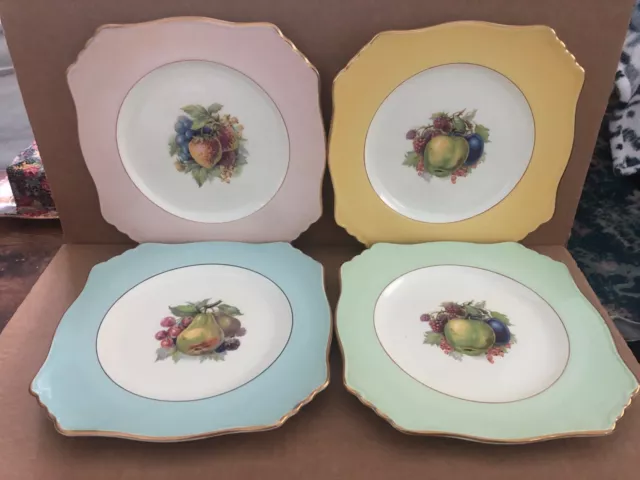 Gorgeous ROYAL WINTON GRIMWADES Square Fruit Plates 4pc pink yellow blue green 1
