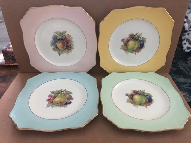 Gorgeous ROYAL WINTON GRIMWADES Square Fruit Plates 4pc pink yellow blue green 1