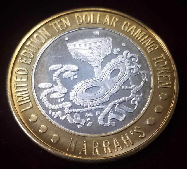 .999 $10 Silver Strike | Gambling Token | Harrah's | Reno | Mask, Chalice