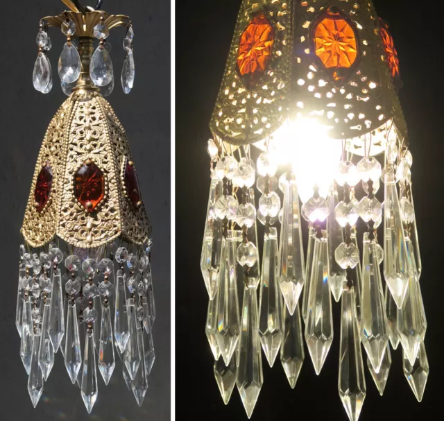 Jeweled Tulip lily filigree lamp Vintage Amber Hollywood Regency brass Spelter