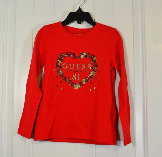 Nwt Girls Kids Guess Long Sleeve T-Shirt Necessary Red Crewneck Cotton Sz 2 3 4