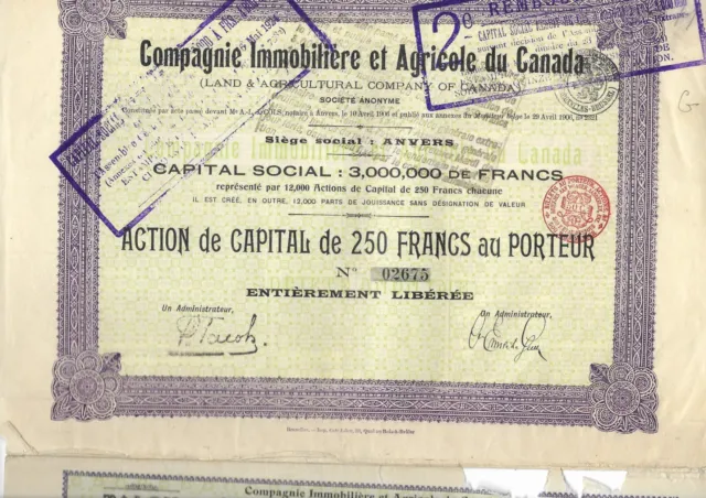 Action Cie IMMOBILIERE et AGRICOLE du CANADA 1906 ANVERS BELGIQUE 250Frs Porteur