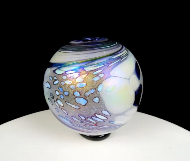 Glass Quest Mark Ellinger Signed Art Glass Iridescent 5 1/2" Footed Orb 2004