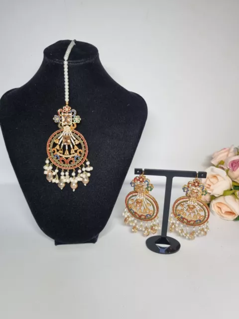 Indian Pakistani Gold Tikka And Earrings Set With multi Stones