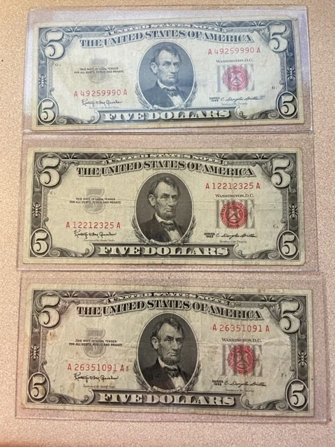 1963 Five Dollar RED Seal Note United States Note Old US Bill $5 Good Circ, #12