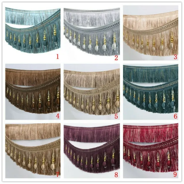 1M Curtain Tassels Sewing Crystal Beaded Fringe Trims Upholstery DIY Craft Decor