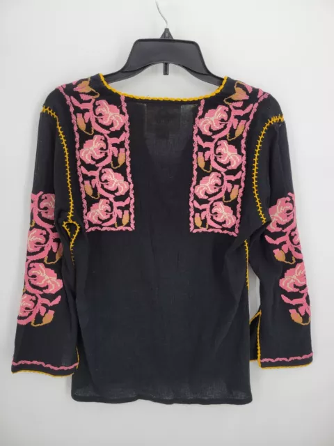 Figue Top Womens Small Black Pink Embroidered Split Neck Tassel-Tie Gauze Tunic 2