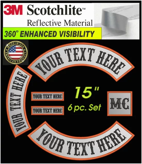 15" Reflective 6 Pc Set Custom Embroidered Mc Rocker Patch 3M® Motorcycle Biker