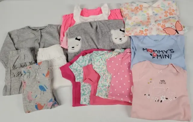 Carters Baby Girls 14 Piece Mixed Lot Outfits Pajamas Shirts Size 9 Months