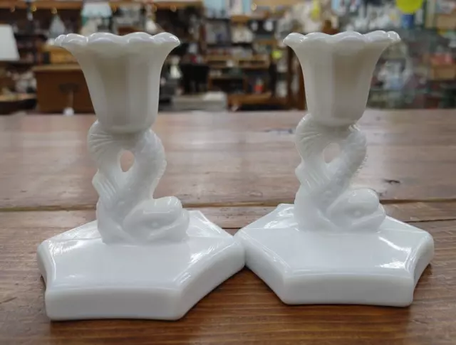 Vintage Westmoreland White Milk Glass Koi Fish Candle Stick Holders Hex Base