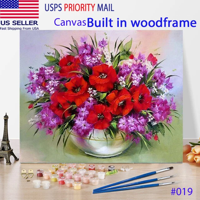 Wooden Framed  DIY Oil Painting Paint by Numbers Kit for Adults kids flowers 19