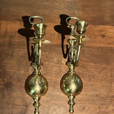 Vintage Solid Brass Pair Wall Sconce Candle Sticks Made in India 12”