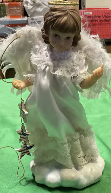 vintage porcelain angel Doll-holding U.S.A flag - stars - 8.5” tall.