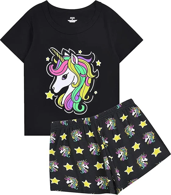 ABeCue Womens Cute  Black Unicorn Set Pajamas Cartoon Tee and Shorts PJS Set S