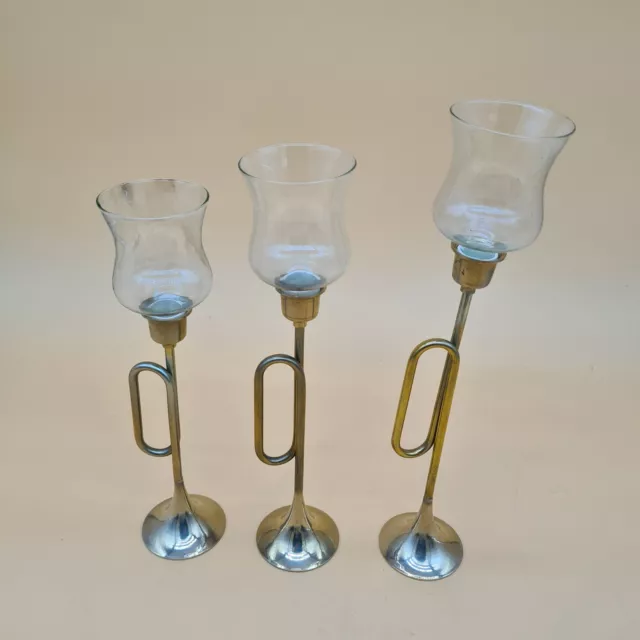 Set of 3 Vintage Brass Bugle Candleholders In Box