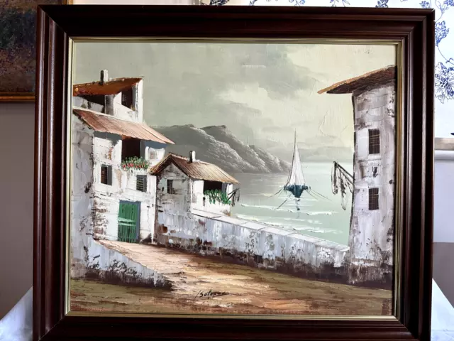 Vintage Original Oil on Canvas of Mediterranean fishing Village + Sailing Boats