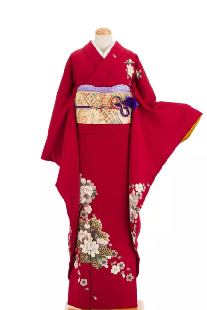Japanese Silk Kimono Vintage Furisode Gold Peony Cherry Blossom Leaf Red 65"