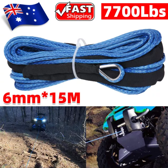 7700LBS Winch Rope 6MM X 15M Synthetic Hook Car Trailer Band Tow Recovery Cable