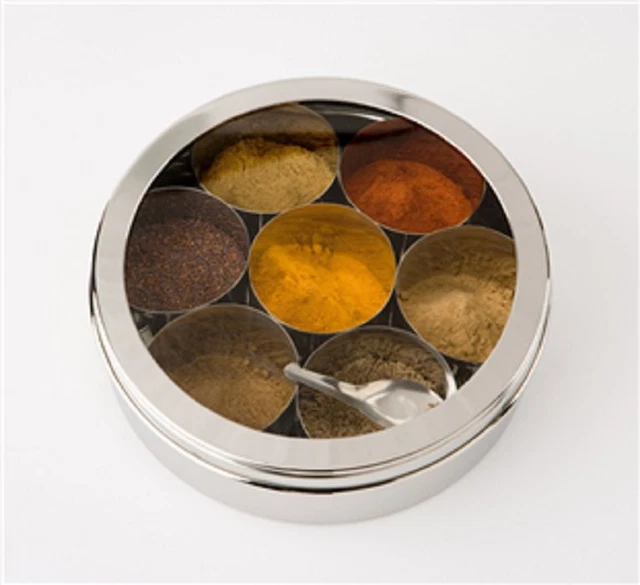 Edelstahl Gewürzbox – 7 Behälter Ohne Deckel + Löffel, Indische Masala-Box, Silber